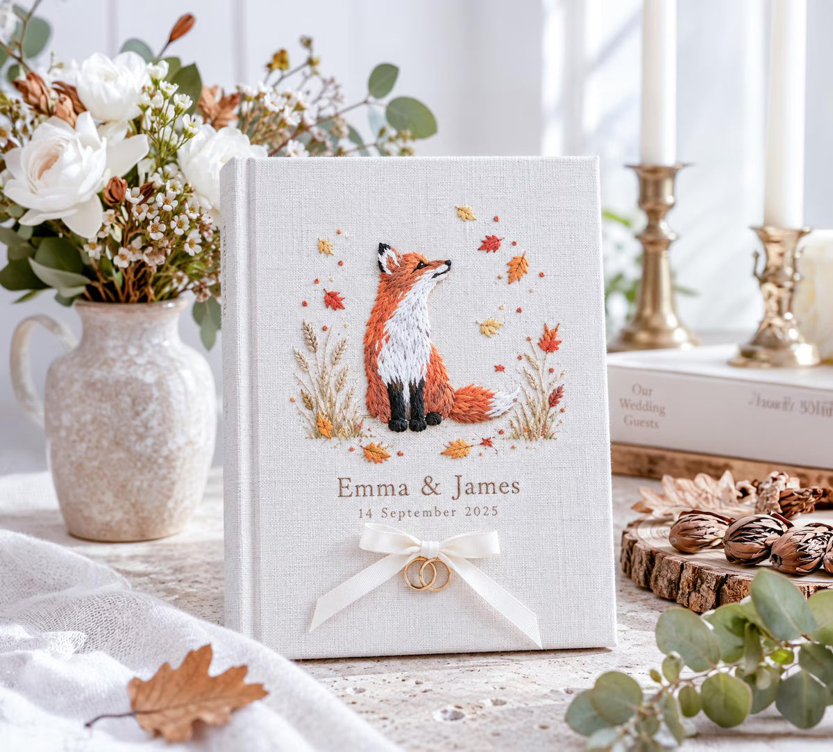 Custom Hand Embroidered Fox Wedding Guest Book, Autumn Woodland Linen Photo Album, Personalized Memory Book, Wedding Keepsake, Bridal Gift