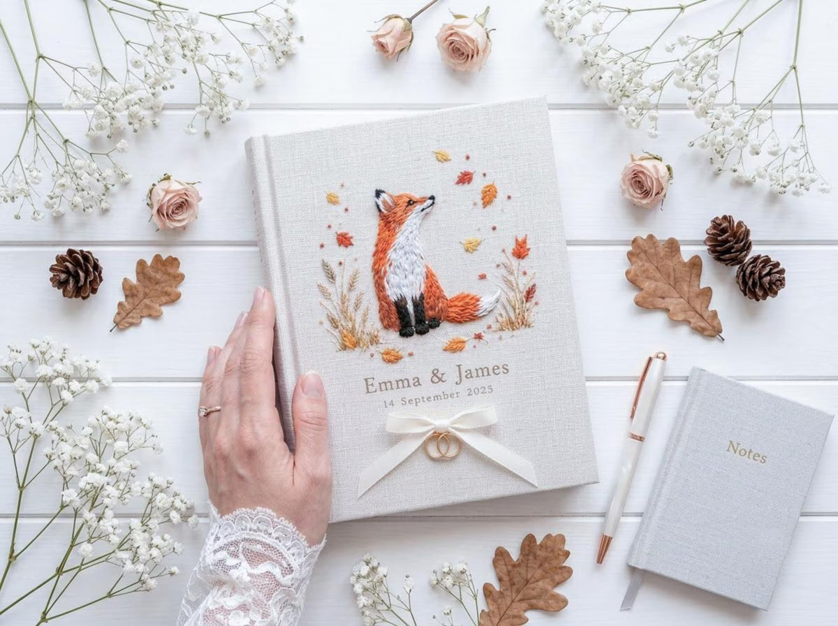 Custom Hand Embroidered Fox Wedding Guest Book, Autumn Woodland Linen Photo Album, Personalized Memory Book, Wedding Keepsake, Bridal Gift