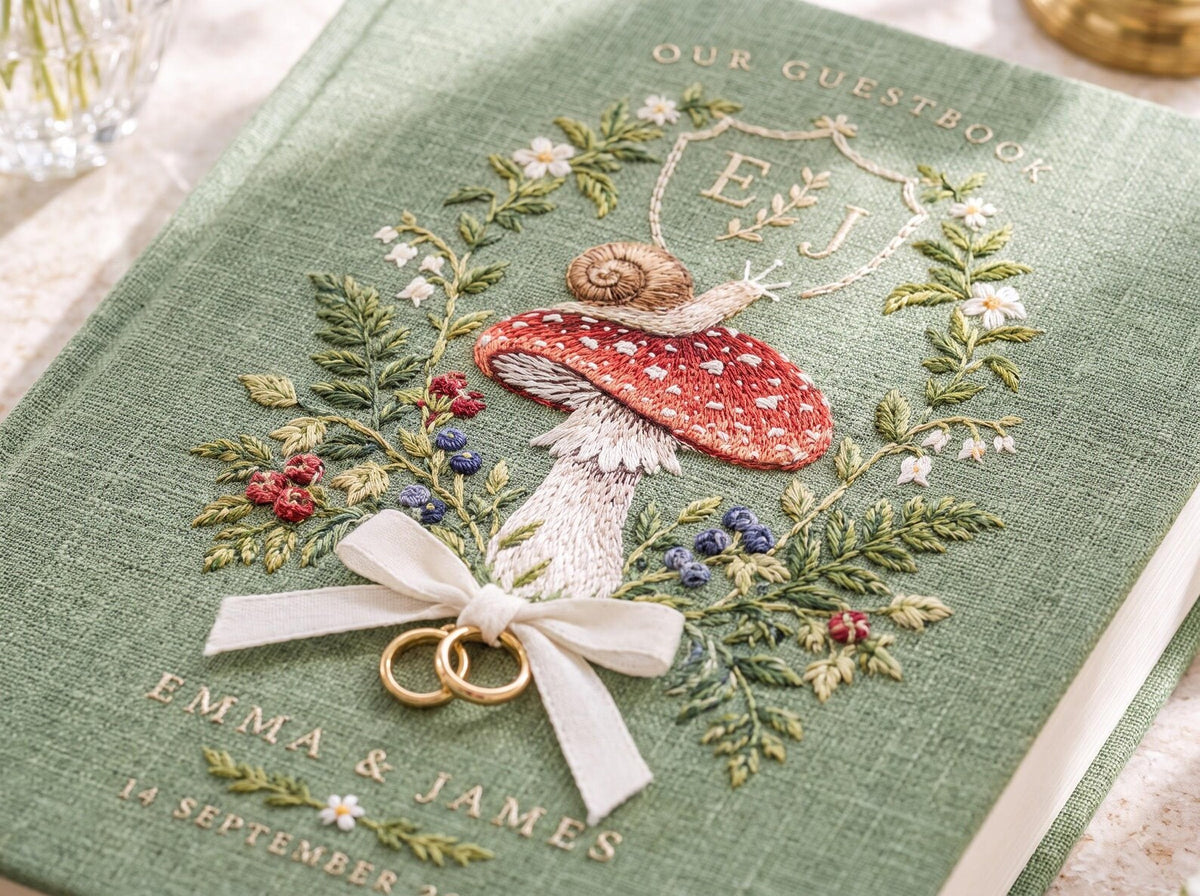 Custom Hand Embroidered Mushroom Wedding Guest Book, Sage Green Linen Photo Album, Woodland Memory Book, Personalized Keepsake, Bridal Gift