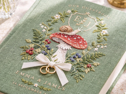 Custom Hand Embroidered Mushroom Wedding Guest Book, Sage Green Linen Photo Album, Woodland Memory Book, Personalized Keepsake, Bridal Gift