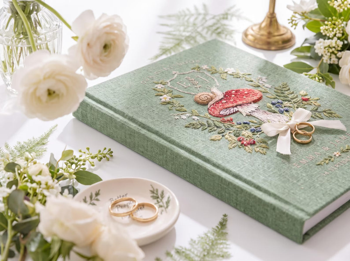 Custom Hand Embroidered Mushroom Wedding Guest Book, Sage Green Linen Photo Album, Woodland Memory Book, Personalized Keepsake, Bridal Gift