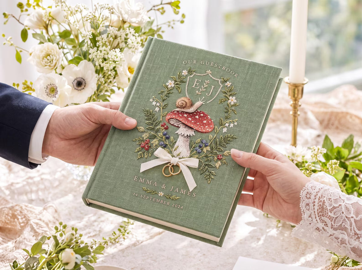 Custom Hand Embroidered Mushroom Wedding Guest Book, Sage Green Linen Photo Album, Woodland Memory Book, Personalized Keepsake, Bridal Gift