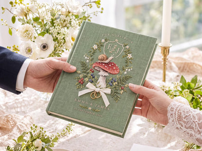 Custom Hand Embroidered Mushroom Wedding Guest Book, Sage Green Linen Photo Album, Woodland Memory Book, Personalized Keepsake, Bridal Gift