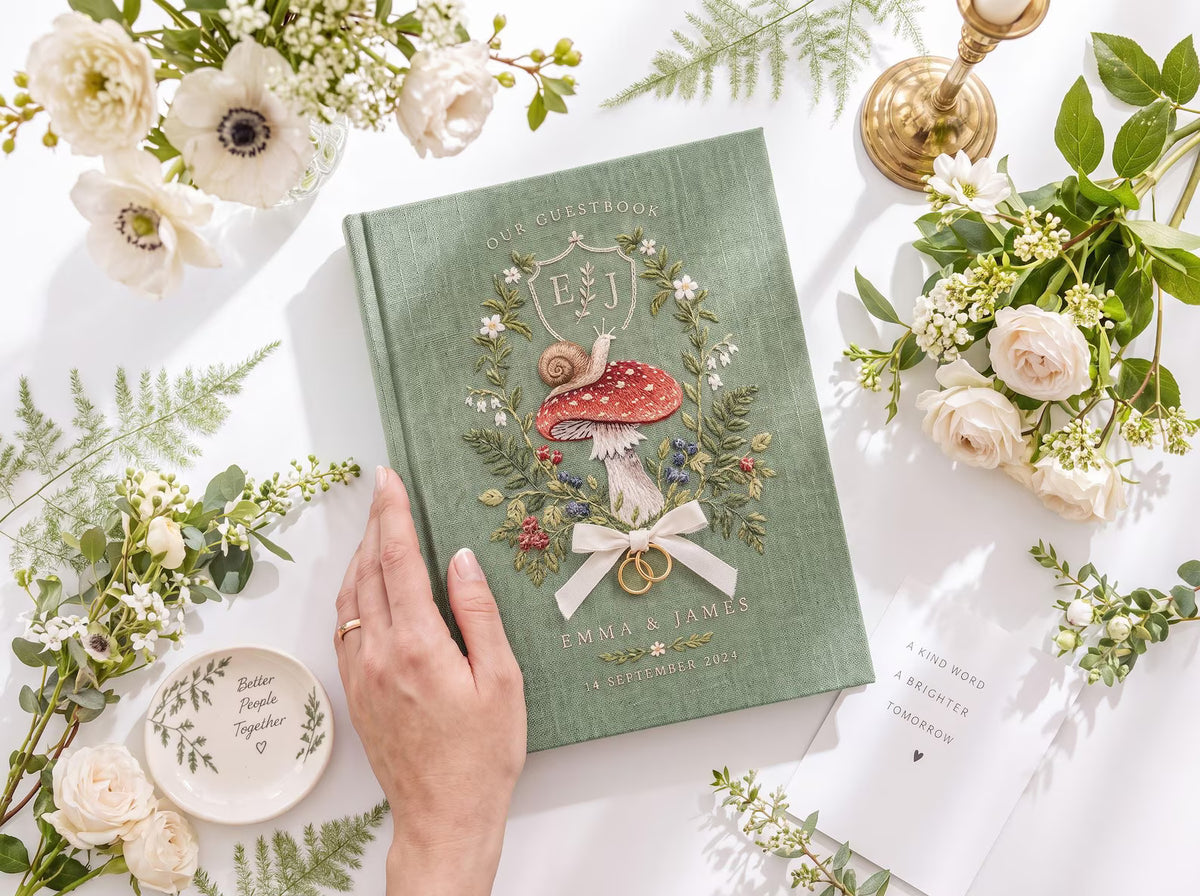 Custom Hand Embroidered Mushroom Wedding Guest Book, Sage Green Linen Photo Album, Woodland Memory Book, Personalized Keepsake, Bridal Gift