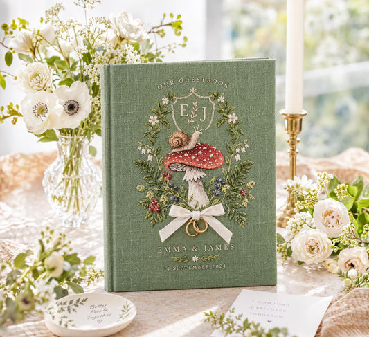 Custom Hand Embroidered Mushroom Wedding Guest Book, Sage Green Linen Photo Album, Woodland Memory Book, Personalized Keepsake, Bridal Gift