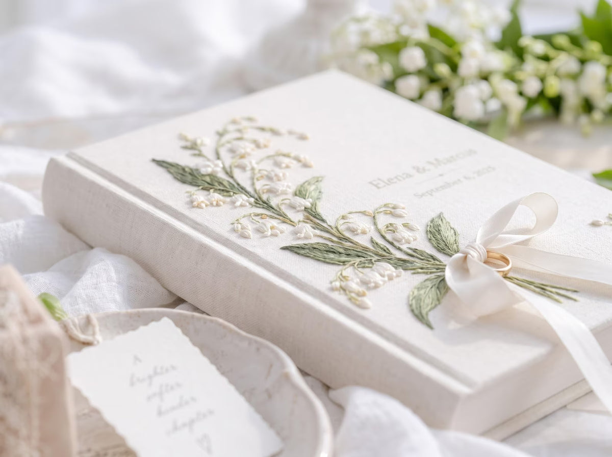 Custom Hand Embroidered Lily of the Valley Ring Bearer Wedding Guest Book, Linen Photo Album, Personalized Memory Book, Bridal Keepsake Gift