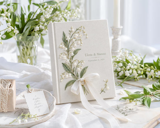 Custom Hand Embroidered Lily of the Valley Ring Bearer Wedding Guest Book, Linen Photo Album, Personalized Memory Book, Bridal Keepsake Gift