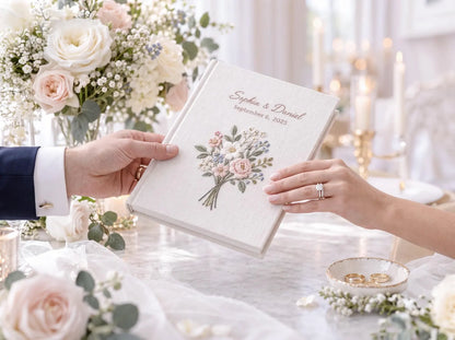 Custom Hand Embroidered Floral Wedding Guest Book, Blush Pink Linen Photo Album, Personalized Memory Book, Botanical Bridal Keepsake Gift