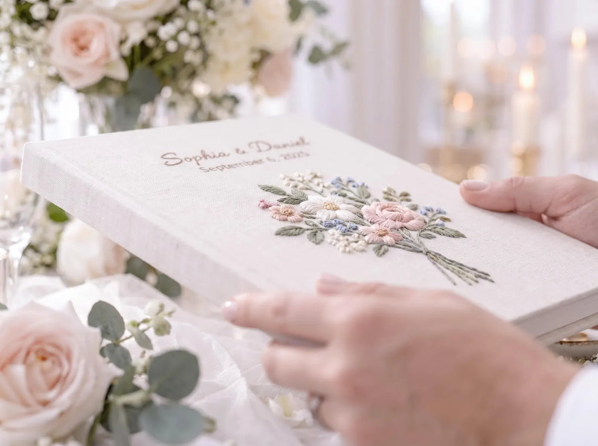 Custom Hand Embroidered Floral Wedding Guest Book, Blush Pink Linen Photo Album, Personalized Memory Book, Botanical Bridal Keepsake Gift