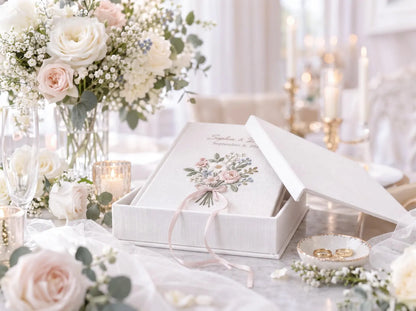 Custom Hand Embroidered Floral Wedding Guest Book, Blush Pink Linen Photo Album, Personalized Memory Book, Botanical Bridal Keepsake Gift
