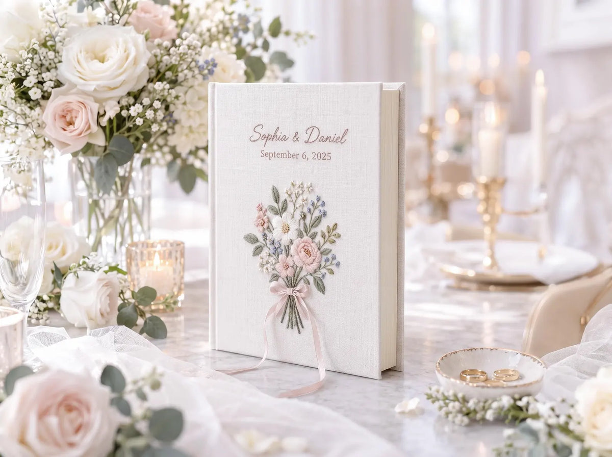 Custom Hand Embroidered Floral Wedding Guest Book, Blush Pink Linen Photo Album, Personalized Memory Book, Botanical Bridal Keepsake Gift