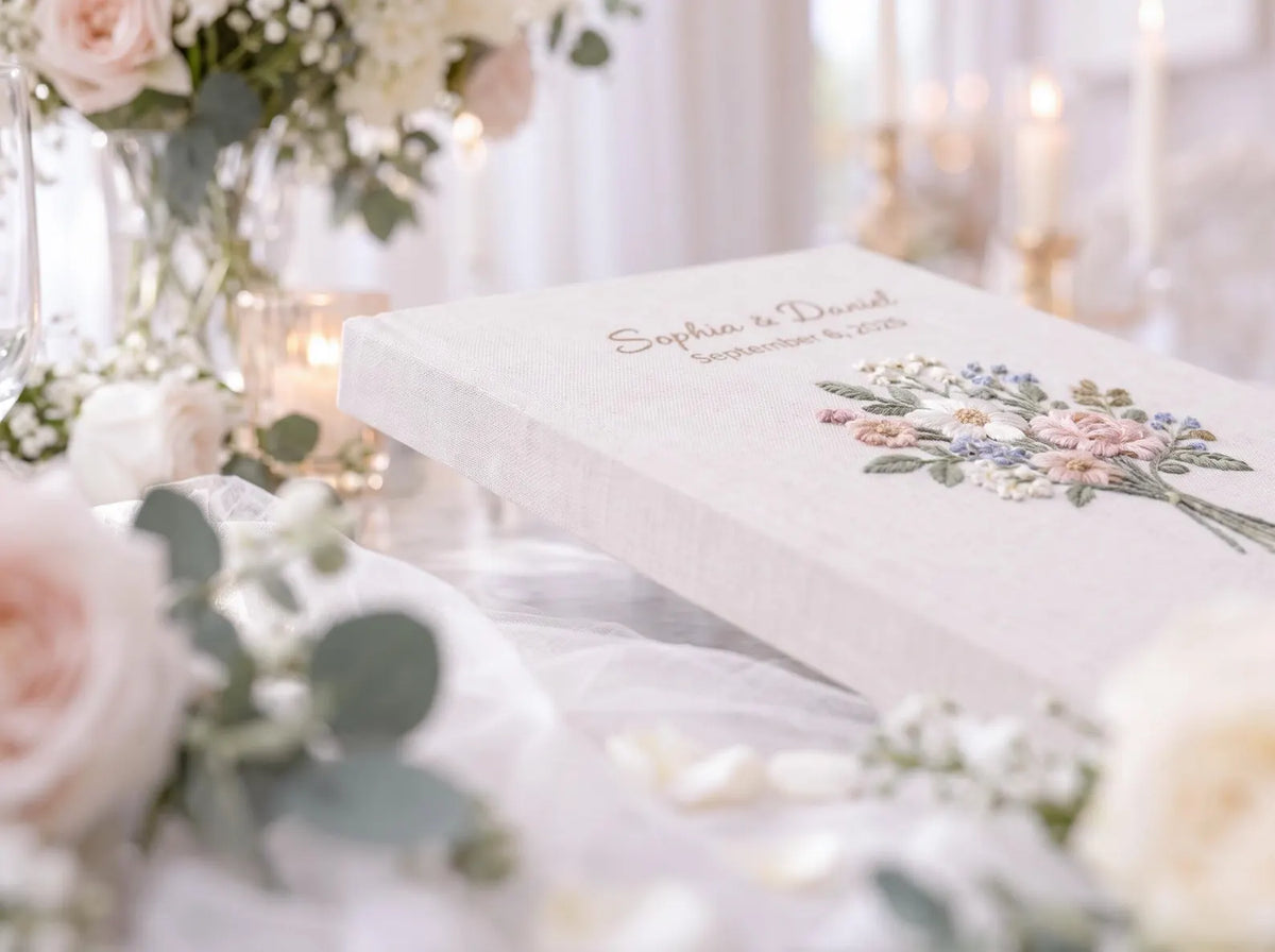 Custom Hand Embroidered Floral Wedding Guest Book, Blush Pink Linen Photo Album, Personalized Memory Book, Botanical Bridal Keepsake Gift