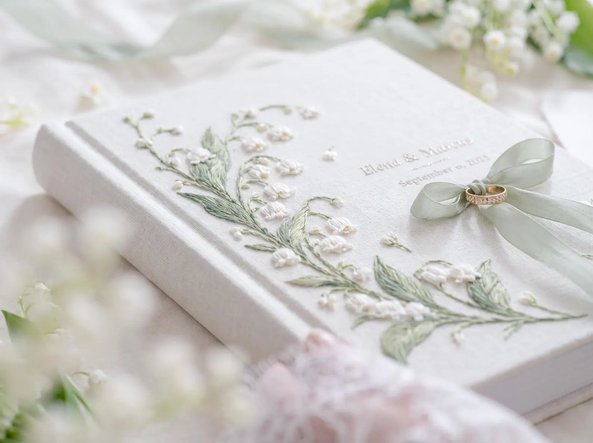 Custom Hand Embroidered Lily of the Valley Ring Bearer Wedding Guest Book, Linen Photo Album, Personalized Memory Book, Bridal Keepsake Gift