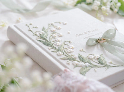 Custom Hand Embroidered Lily of the Valley Ring Bearer Wedding Guest Book, Linen Photo Album, Personalized Memory Book, Bridal Keepsake Gift