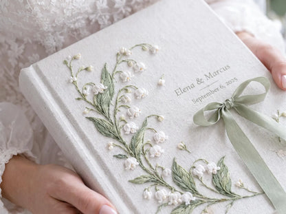 Custom Hand Embroidered Lily of the Valley Ring Bearer Wedding Guest Book, Linen Photo Album, Personalized Memory Book, Bridal Keepsake Gift