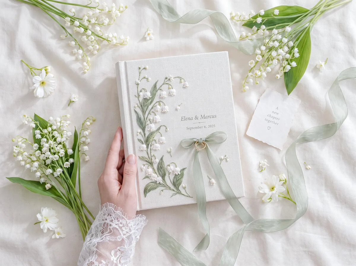 Custom Hand Embroidered Lily of the Valley Ring Bearer Wedding Guest Book, Linen Photo Album, Personalized Memory Book, Bridal Keepsake Gift