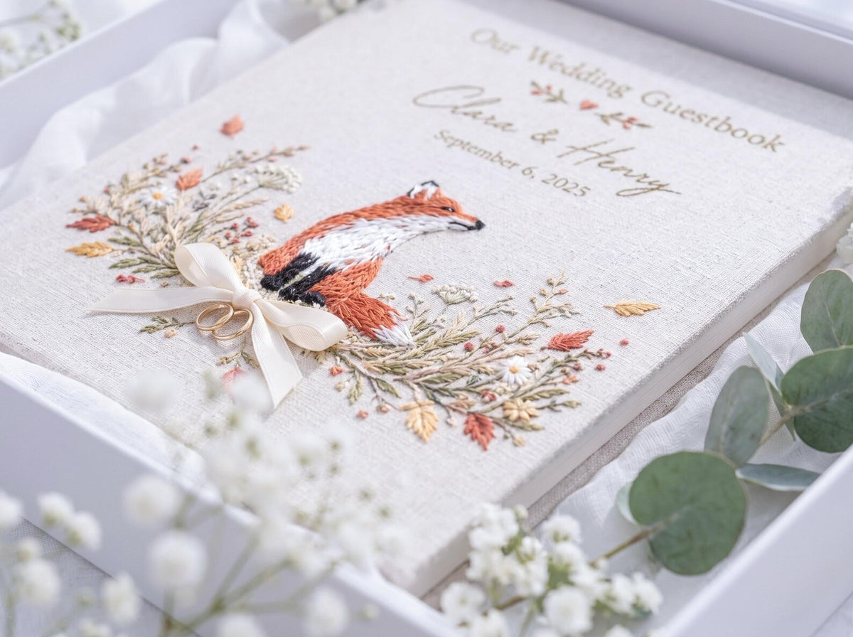 Custom Hand Embroidered Fox Wedding Guest Book, Autumn Photo Album, Personalized Woodland Memory Book, Ring Bearer Keepsake, Bridal Gift