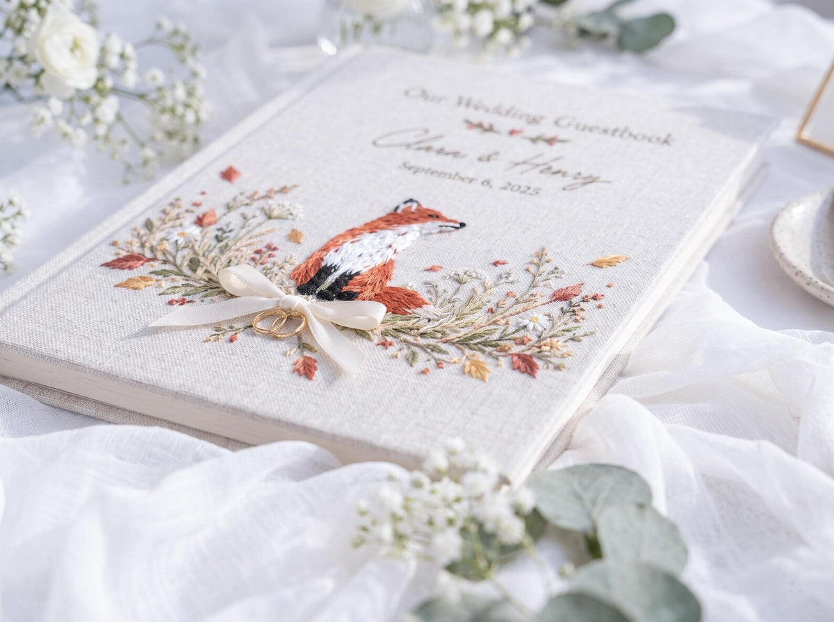 Custom Hand Embroidered Fox Wedding Guest Book, Autumn Photo Album, Personalized Woodland Memory Book, Ring Bearer Keepsake, Bridal Gift
