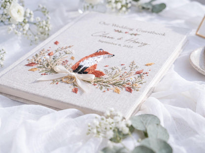 Custom Hand Embroidered Fox Wedding Guest Book, Autumn Photo Album, Personalized Woodland Memory Book, Ring Bearer Keepsake, Bridal Gift
