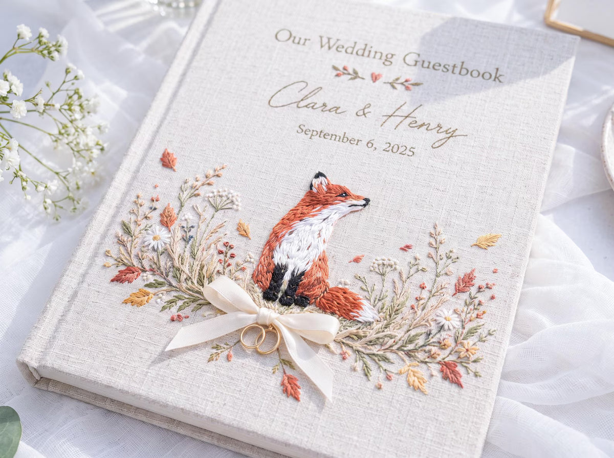 Custom Hand Embroidered Fox Wedding Guest Book, Autumn Photo Album, Personalized Woodland Memory Book, Ring Bearer Keepsake, Bridal Gift