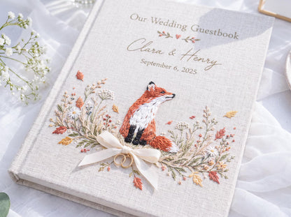 Custom Hand Embroidered Fox Wedding Guest Book, Autumn Photo Album, Personalized Woodland Memory Book, Ring Bearer Keepsake, Bridal Gift
