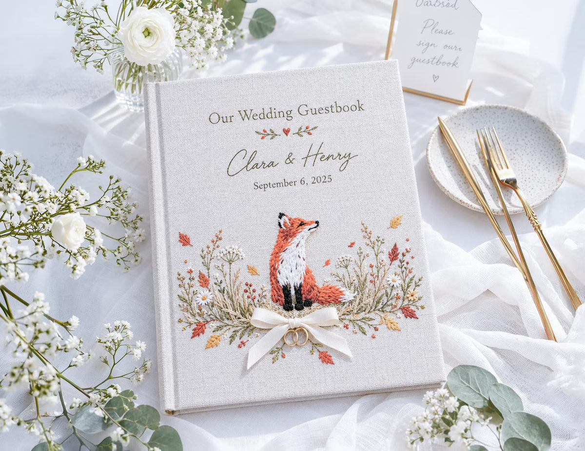 Custom Hand Embroidered Fox Wedding Guest Book, Autumn Photo Album, Personalized Woodland Memory Book, Ring Bearer Keepsake, Bridal Gift