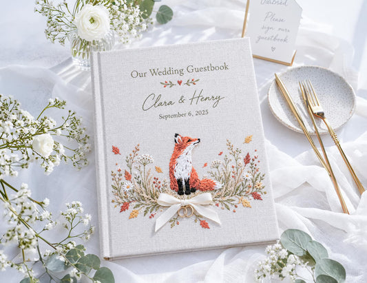 Custom Hand Embroidered Fox Wedding Guest Book, Autumn Photo Album, Personalized Woodland Memory Book, Ring Bearer Keepsake, Bridal Gift