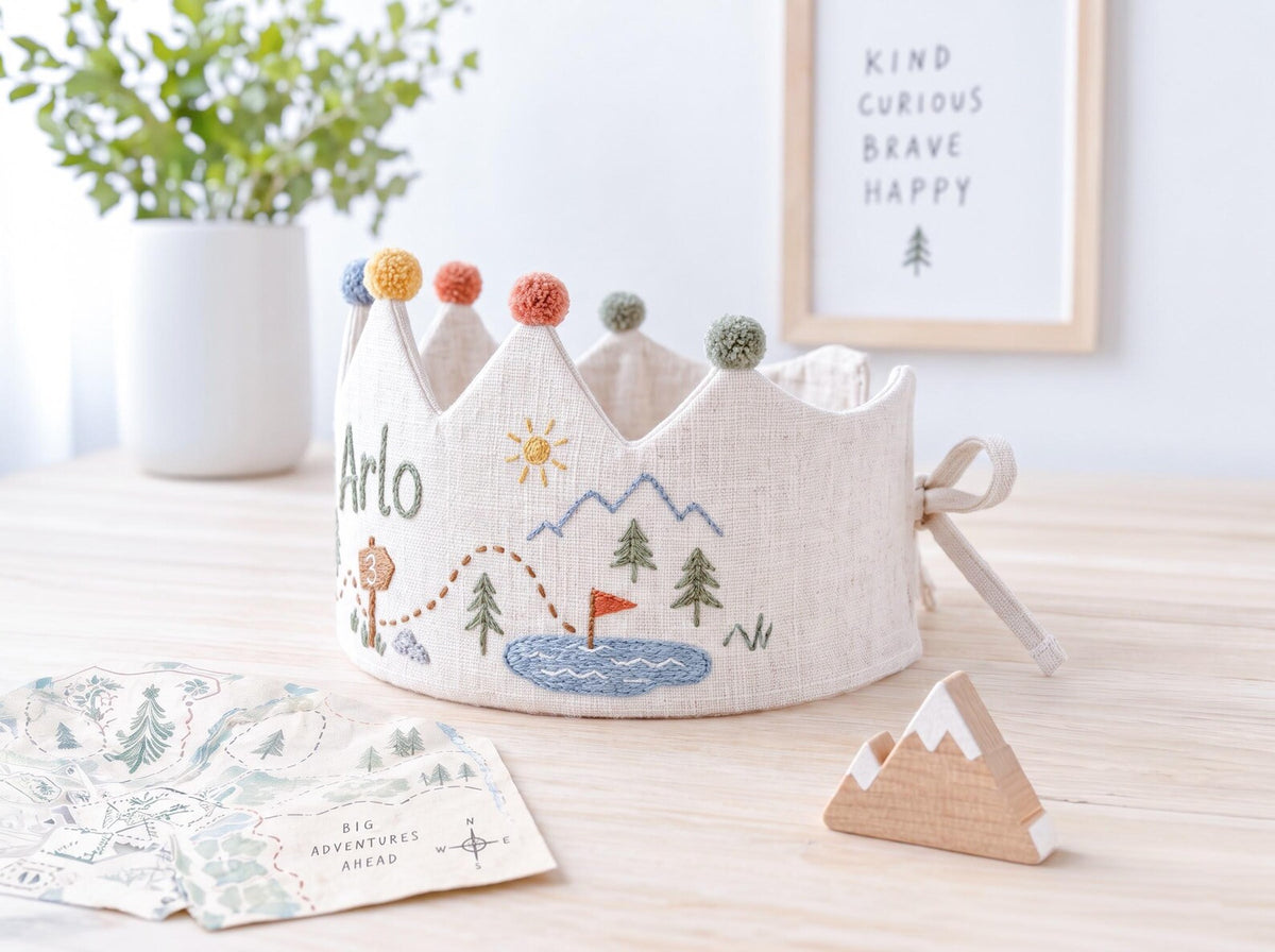 Personalized Camping Birthday Crown, Hand Embroidered Adventure Party Hat, Woodland Mountain Tent Crown, Custom Name Age Kids Birthday Gift