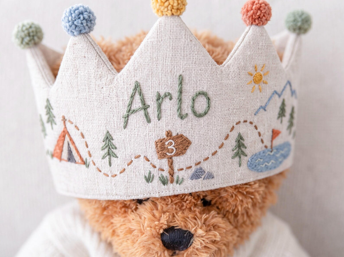 Personalized Camping Birthday Crown, Hand Embroidered Adventure Party Hat, Woodland Mountain Tent Crown, Custom Name Age Kids Birthday Gift