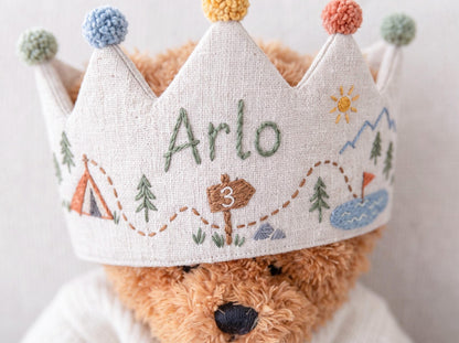 Personalized Camping Birthday Crown, Hand Embroidered Adventure Party Hat, Woodland Mountain Tent Crown, Custom Name Age Kids Birthday Gift