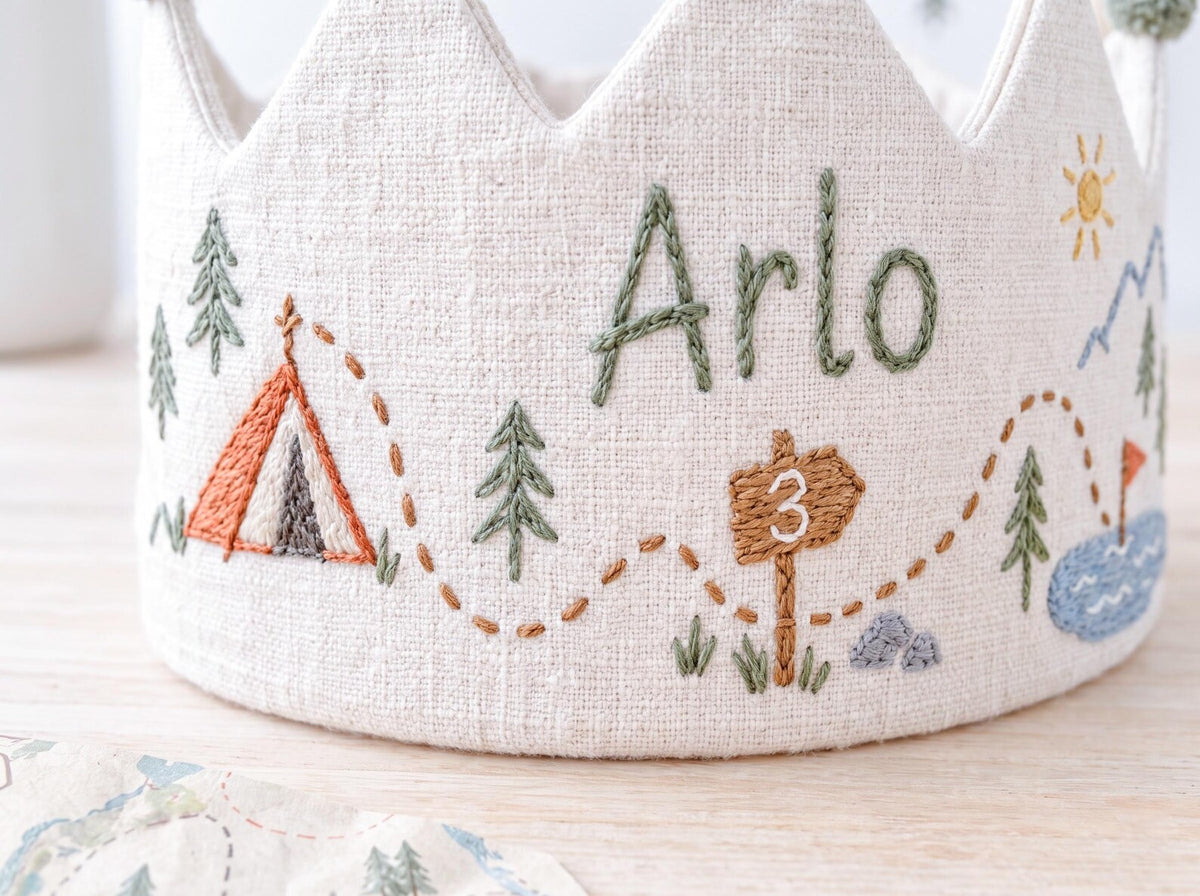 Personalized Camping Birthday Crown, Hand Embroidered Adventure Party Hat, Woodland Mountain Tent Crown, Custom Name Age Kids Birthday Gift