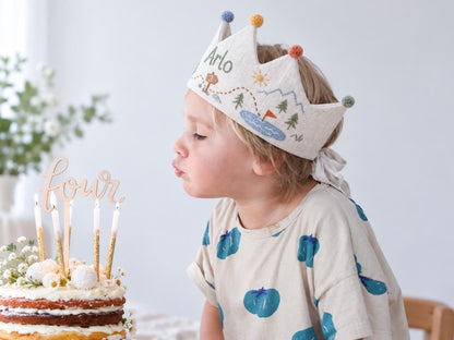 Personalized Camping Birthday Crown, Hand Embroidered Adventure Party Hat, Woodland Mountain Tent Crown, Custom Name Age Kids Birthday Gift