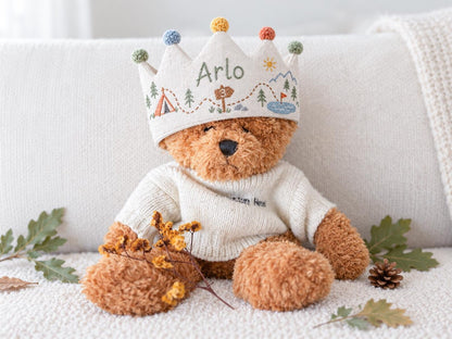 Personalized Camping Birthday Crown, Hand Embroidered Adventure Party Hat, Woodland Mountain Tent Crown, Custom Name Age Kids Birthday Gift