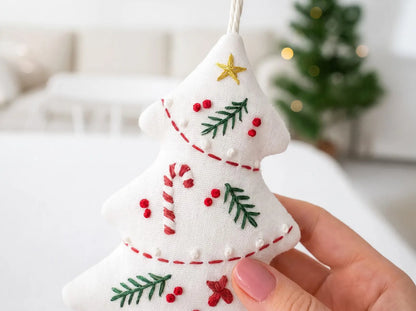 Hand Embroidered Christmas Tree Ornament, Linen Xmas Decoration, Candy Cane Holly Ornament, Handmade Holiday Gift, Tree Hanging Keepsake