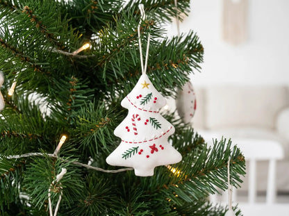 Hand Embroidered Christmas Tree Ornament, Linen Xmas Decoration, Candy Cane Holly Ornament, Handmade Holiday Gift, Tree Hanging Keepsake