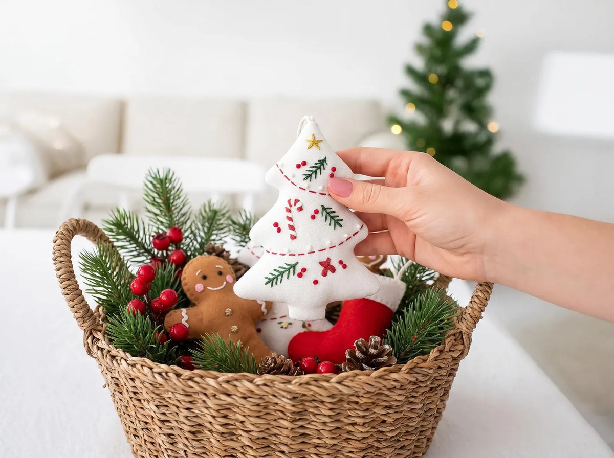 Hand Embroidered Christmas Tree Ornament, Linen Xmas Decoration, Candy Cane Holly Ornament, Handmade Holiday Gift, Tree Hanging Keepsake