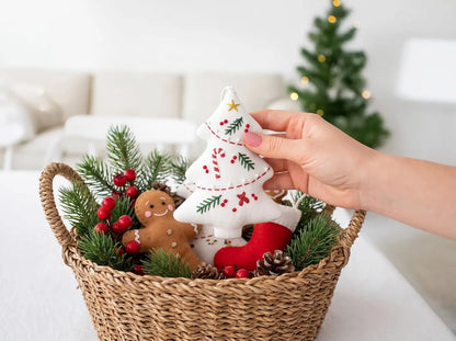 Hand Embroidered Christmas Tree Ornament, Linen Xmas Decoration, Candy Cane Holly Ornament, Handmade Holiday Gift, Tree Hanging Keepsake