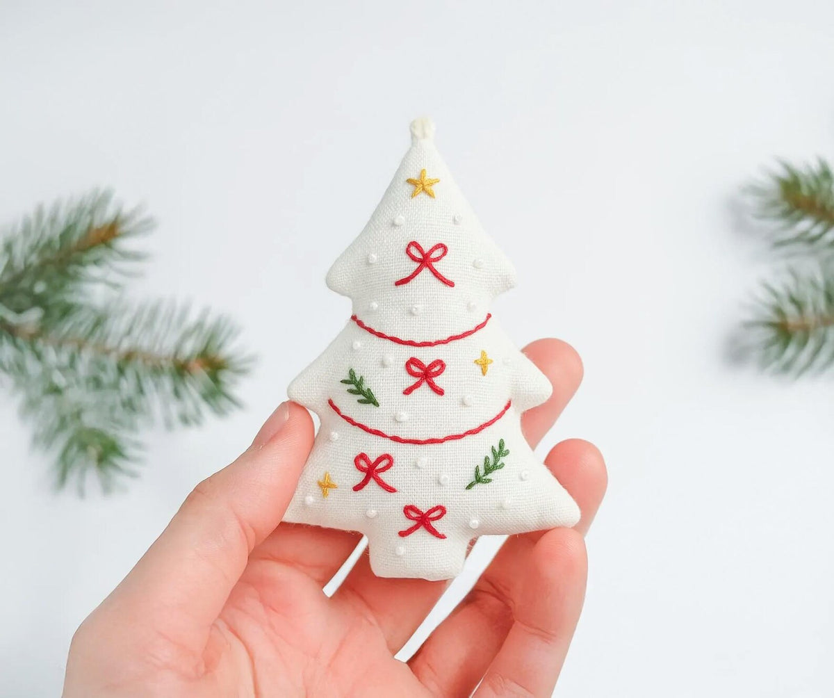 Hand Embroidered Christmas Tree Ornament, Linen Xmas Decoration, Candy Cane Holly Ornament, Handmade Holiday Gift, Tree Hanging Keepsake