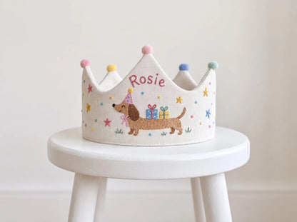 Personalized Dachshund Birthday Crown, Hand Embroidered Sausage Dog Party Hat, Custom Name Linen Crown, Puppy Birthday Theme, Girls Birthday