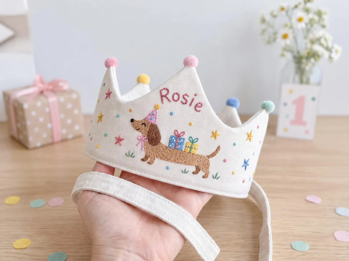 Personalized Dachshund Birthday Crown, Hand Embroidered Sausage Dog Party Hat, Custom Name Linen Crown, Puppy Birthday Theme, Girls Birthday