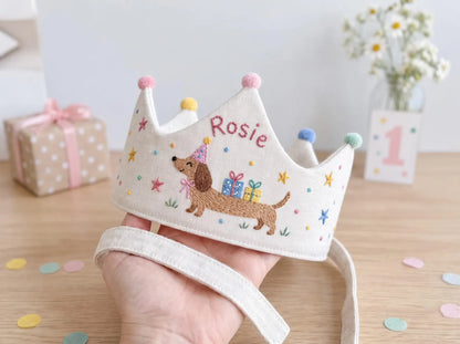 Personalized Dachshund Birthday Crown, Hand Embroidered Sausage Dog Party Hat, Custom Name Linen Crown, Puppy Birthday Theme, Girls Birthday