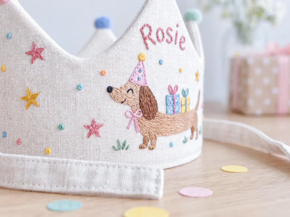 Personalized Dachshund Birthday Crown, Hand Embroidered Sausage Dog Party Hat, Custom Name Linen Crown, Puppy Birthday Theme, Girls Birthday