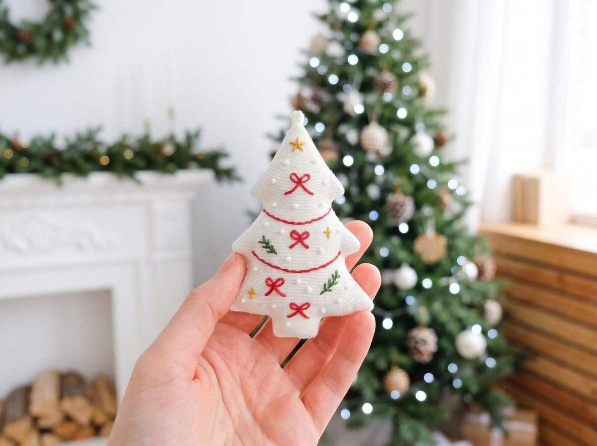 Hand Embroidered Christmas Tree Ornament, Linen Xmas Decoration, Candy Cane Holly Ornament, Handmade Holiday Gift, Tree Hanging Keepsake