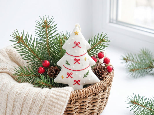 Hand Embroidered Christmas Tree Ornament, Linen Xmas Decoration, Candy Cane Holly Ornament, Handmade Holiday Gift, Tree Hanging Keepsake