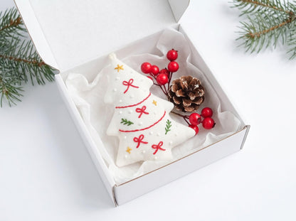 Hand Embroidered Christmas Tree Ornament, Linen Xmas Decoration, Candy Cane Holly Ornament, Handmade Holiday Gift, Tree Hanging Keepsake