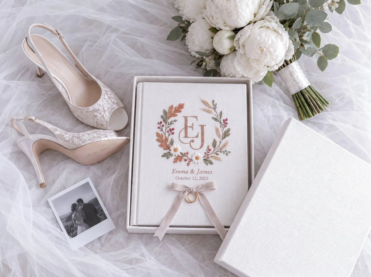 Custom Hand Embroidered Autumn Wedding Guest Book, Monogram Linen Album, Personalized Memory Book, Ring Bearer Keepsake, Bridal Wedding Gift