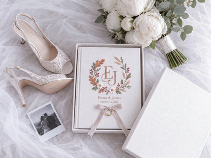 Custom Hand Embroidered Autumn Wedding Guest Book, Monogram Linen Album, Personalized Memory Book, Ring Bearer Keepsake, Bridal Wedding Gift