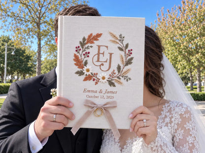 Custom Hand Embroidered Autumn Wedding Guest Book, Monogram Linen Album, Personalized Memory Book, Ring Bearer Keepsake, Bridal Wedding Gift