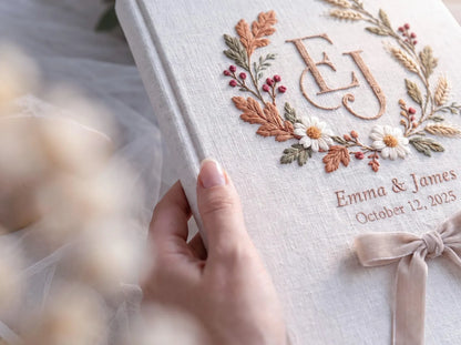 Custom Hand Embroidered Autumn Wedding Guest Book, Monogram Linen Album, Personalized Memory Book, Ring Bearer Keepsake, Bridal Wedding Gift