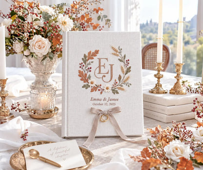 Custom Hand Embroidered Autumn Wedding Guest Book, Monogram Linen Album, Personalized Memory Book, Ring Bearer Keepsake, Bridal Wedding Gift